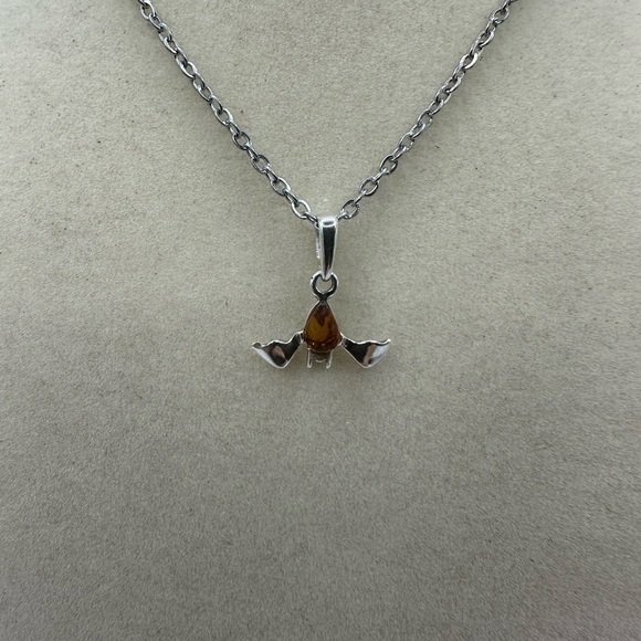 Silver and Amber Bat Pendant on Stainless Steel Chain - Picture 7 of 8